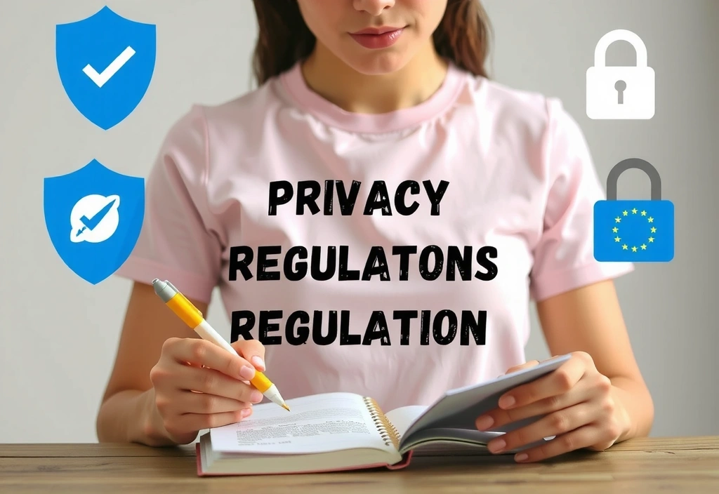 Eine Person, die sich Notizen zu Datenschutzbestimmungen macht, umgeben von digitalen Sicherheitssymbolen.