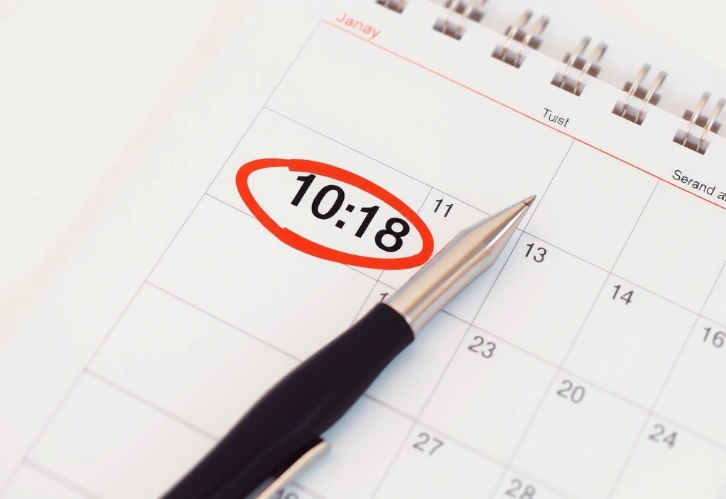 Ein Kalenderblatt mit einem markierten Termin und einem Stift, symbolisierend Terminbuchung.