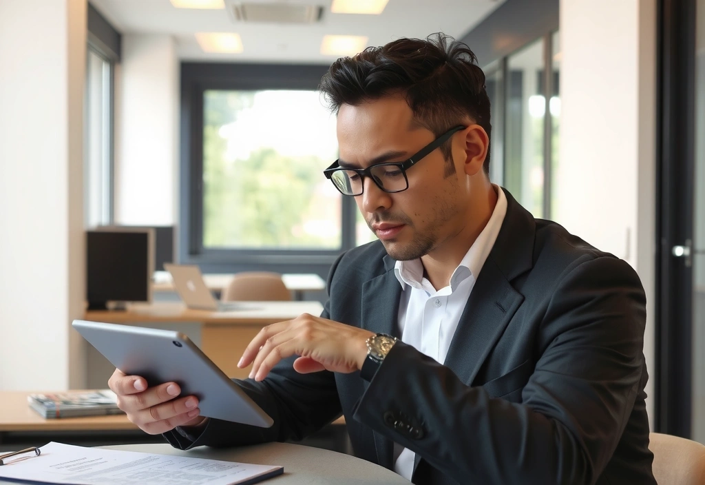 Person liest wichtige Dokumente auf einem Tablet